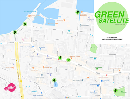 Kort over stederne for Green Satellite PARKing Day Kunst i byrummet.